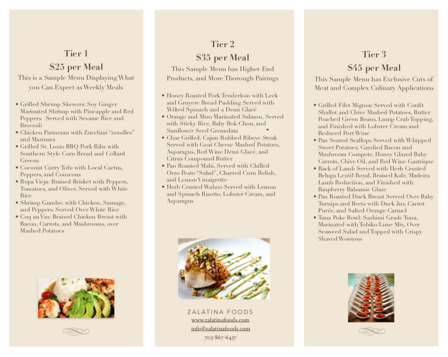zalatina foods pre packaged meal sample menus